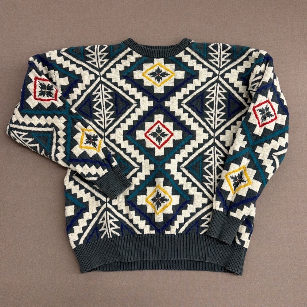 Vintage Claiborne Mens Medium Cotton Geometric Southwestern Aztec Sweater Grey
